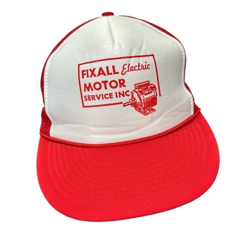 Vtg Nissin Red White Cap Trucker Hat Snap Back Fix All Electric Motor Service